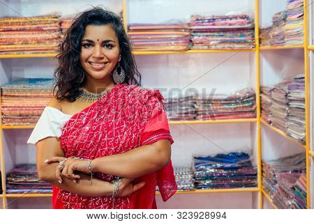 Business Lady In Red Traditional Sari And Jewelery Clothes Shop Owner Cashmere Yak Wool Shawls.femal