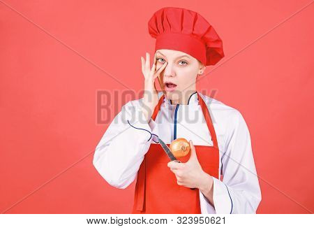 Housewife With Cooking Knife And Onion. Professional Chef In Kitchen Crying. Cuisine. Woman In Cook 