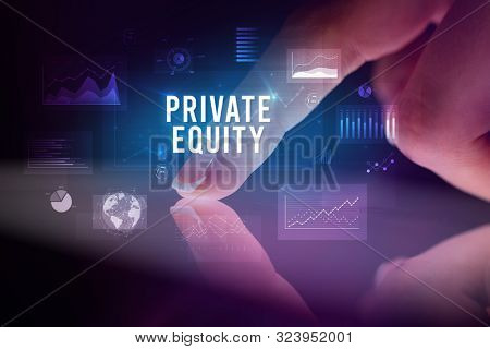 Finger touching tablet with charts and PRIVATE EQUITY inscription, business concept