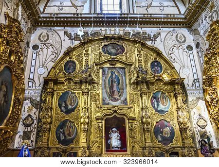 Oaxaca, Mexico - January 5, 2019 Basilica Golden Altarpiece Guadalupe San Felipe Neri Church Templo 
