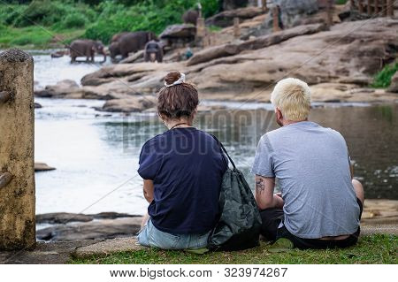 Pinnawala/ Sri Lanka, August 04-2019: A Couple Love Sitting At Swimming Pool Beside A River In Luxur