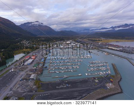 Aerial View Of Seward Boat Harbor And Waterfront In Fall, Seward, Kenai Peninsula, Alaska, Usa. Sewa