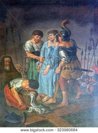 RETZBACH, GERMANY - JULY 04, 2018: 10th Stations of the Cross, Jesus is stripped of His garments, Maria im Grunen Tal pilgrimage church in Retzbach in the Bavarian district of Main-Spessart, Germany