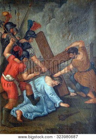 RETZBACH, GERMANY - JULY 04, 2018: 7th Stations of the Cross, Jesus falls the second time, Maria im Grunen Tal pilgrimage church in Retzbach in the Bavarian district of Main-Spessart, Germany