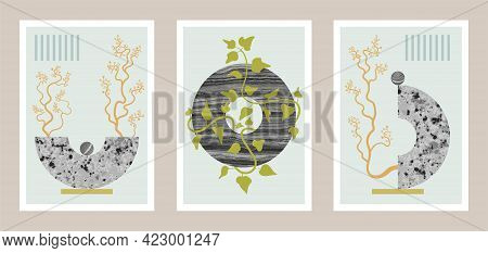 Natural Abstract Botanical Art Set With Stones