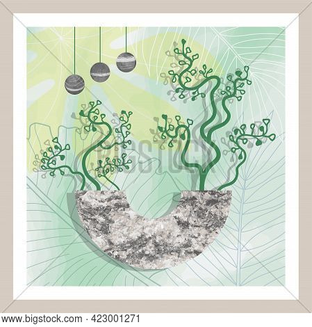 Natural Abstract Botanical Art With Stone And Tropical Leaves
