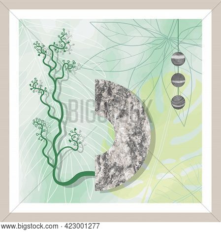 Natural Abstract Botanical Art With Stone And Tropical Leaves