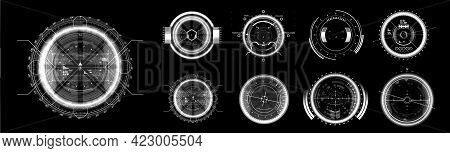 Fui Black And White Elements. Military Crosshair In Gun. Hud Aim Of Sniper Weapon Or Futuristic Game