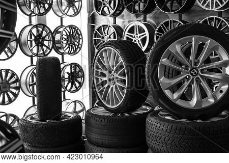 Anapa, Russia - 05, 22, 2021: Shop Selling Disks, Alloy Wheels, Rubber Wheels. Showcase With Disks A