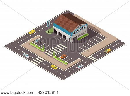 Isometric Auto Service. Car Service Top View Concept With Street And Parking Place. Repair Service T