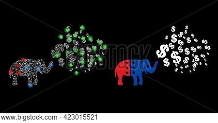 Glamour Mesh Vector Elephant Stimulus Dollars With Glare Effect. White Mesh, Light Spots On A Black 