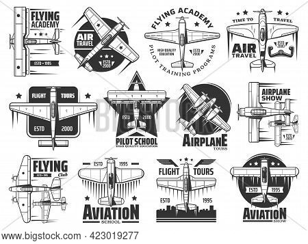 Flying Academy Or Pilot School Icons Set. Air Travel, Airplane Show And Aviation Courses Training Pr