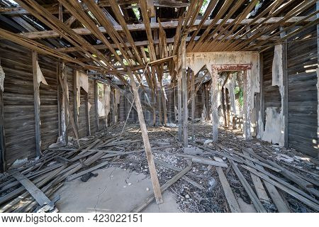 Interior Of The Completely Damaged And Abandoned Former Glenrio Texas Post Office