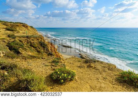 View Of Sandstone Cliffs And The Mediterranean Sea Coast, In Hof Hasharon National Park, Israel