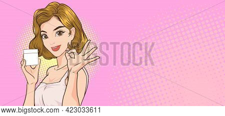 Woman Showing Produce And Okay Gesture With Copy Space Pop Art Retro Comic