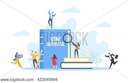 User Manual Guide Book Flat Style Design Vector Illustration. Tiny People, Magnifying Glass And Guid