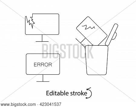Monitor Problems Outline Icons Set. Computer Repairs Service. Customizable Linear Contour Symbol. Ed