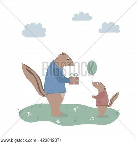 Father Or Grandfather Chipmunk With A Gift Box And Son With A Balloon.