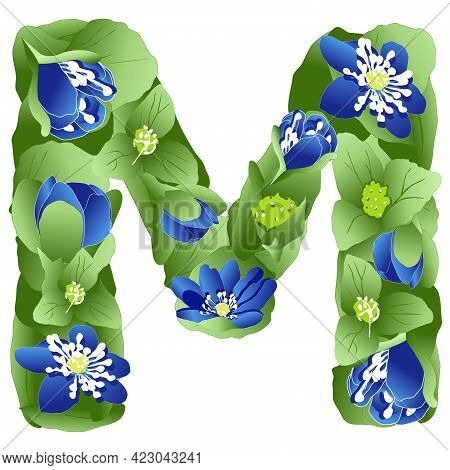 Vector Image Of The Letter M Of The English Alphabet Made In The Form Of Flowers And Leaves Of Liver
