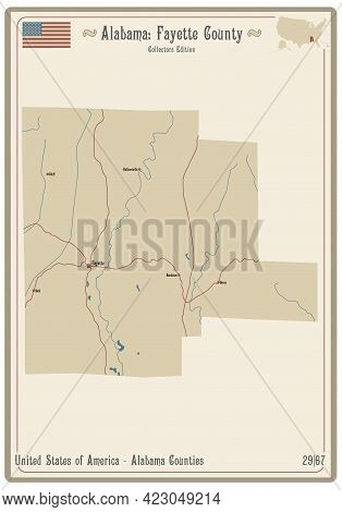 Map On An Old Playing Card Of Fayette County In Alabama, Usa.