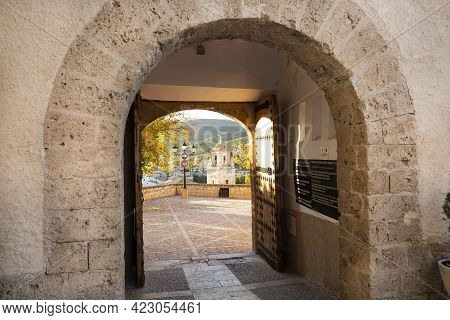 Caravaca, Murcia Province, Spain - November 17, 2017: Stone Arch Overlooking The Church Of Caravaca 
