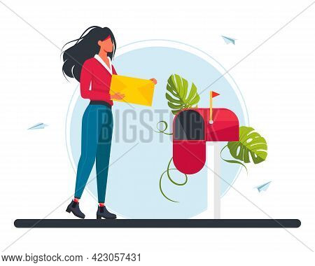 Woman Carries A Letter In The Mailbox. Email Concept Illustration, Subscribe To Newsletters, Email M