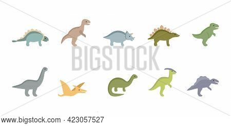 Set Of Jurassic Ancient Dinosaurs, Prehistoric Dino Animals. Collection Of Dragons For Children. Vec