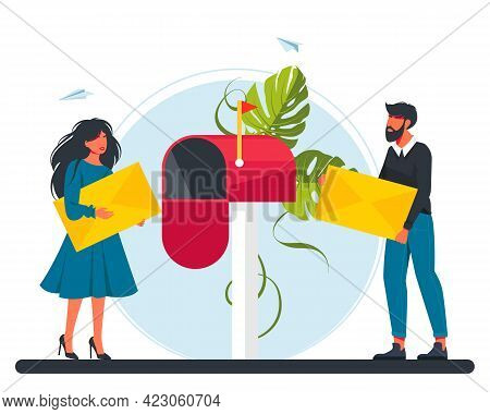 Man And Woman Carries A Letter In The Mailbox. Email Concept Illustration, Subscribe To Newsletters,