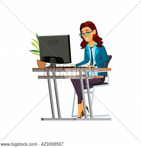 Smiling Woman Communicate With Boyfriend On Computer Cartoon Vector. Smiling Woman Communicate With 