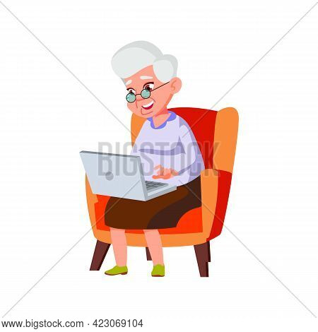 Old Lady Speaking With Children On Laptop Video Call Cartoon Vector. Old Lady Speaking With Children