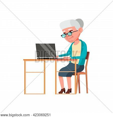Mature Age Woman Buy Online Goods On Laptop Cartoon Vector. Mature Age Woman Buy Online Goods On Lap