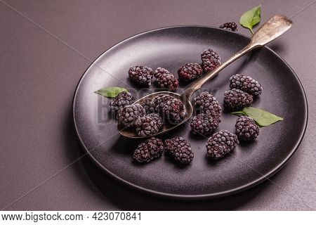 Blackberries On A Ceramic Plate, Frozen Fruits For A Healthy Food Diet