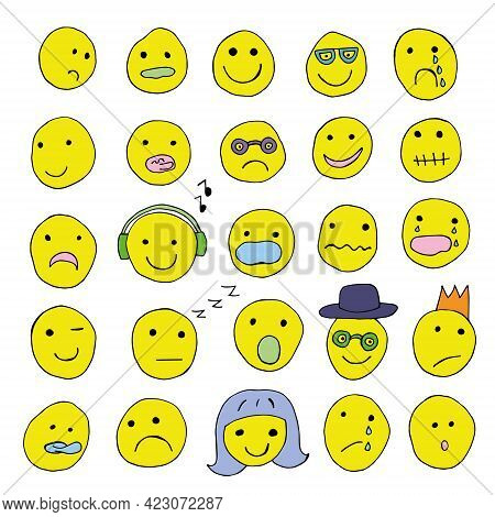 Set Of Vector Faces With Different Emotions Isolated On A White Background. Flat Cartoon Style Suita