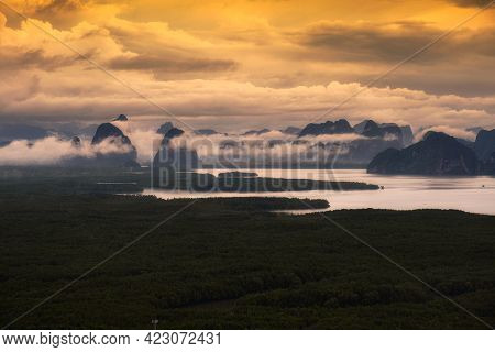 The Beautiful Scenery Of Sametnangshe In Sunrise Time With Fog Over The Mountains At Phang Nga Provi