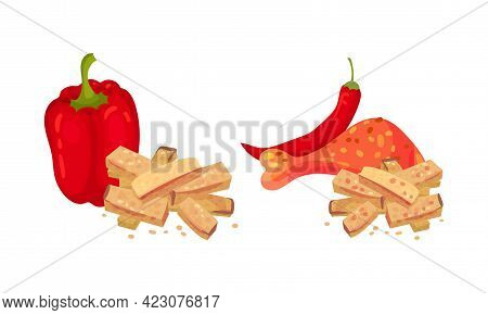 Flavored Crouton As Pieces Of Seasoned Rebaked Bread Vector Set