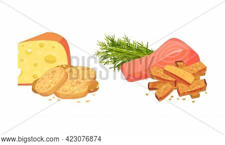Flavored Crouton As Pieces Of Seasoned Rebaked Bread Vector Set