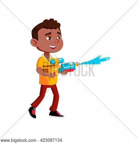 Happy Asian Boy Playing With Water Gun In Aqua Park Cartoon Vector. Happy Asian Boy Playing With Wat
