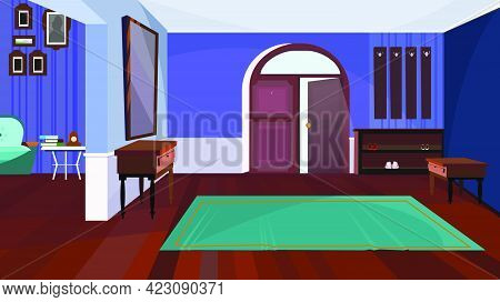 Dark Corridor With Open Door And Carpet Vector Illustration. Purple Wall In Spacious Room With Cloth