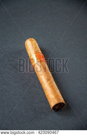 Paris - France - March 23, 2021 : Brown Partagas Cuban Cigar Isolated On Grey