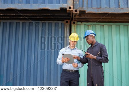 Selective Focus At African Black Worker While Talk And Having Discussion With Supervisor And Inspect