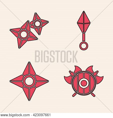 Set Medieval Shield With Crossed Axes, Japanese Ninja Shuriken, Japanese Ninja Shuriken And Japanese