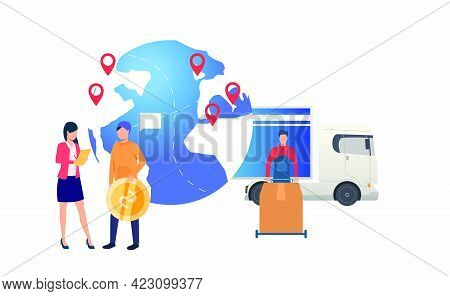Earth Globe With Pointers, Truck And Person With Big Coin. Transportation, Vehicle, Freight Concept.