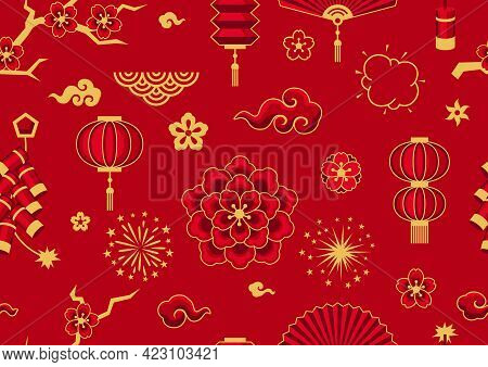 Happy Chinese New Year Ceamless Pattern. Background With Oriental Symbols.
