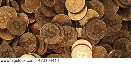 Bitcoin Crypto currency coins background. BTC Gold bitcoin Bit Coins bitcoins. Bitcoins mining concept, Blockchain money technology. 3d rendered illustration