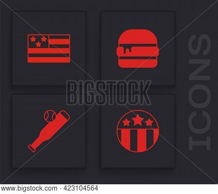 Set Medal With Star, American Flag, Burger And Baseball Bat Ball Icon. Vector