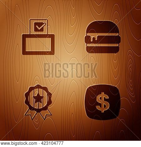 Set Dollar Symbol, Vote Box, Medal With Star And Burger On Wooden Background. Vector