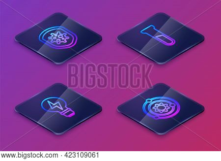 Set Isometric Line Shield Protecting From Virus, Light Bulb With Lightning, Test Tube And Flask And 