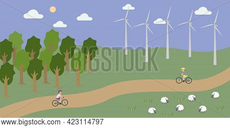 Countryside Landscape With Wind Turbines And Cycling People.