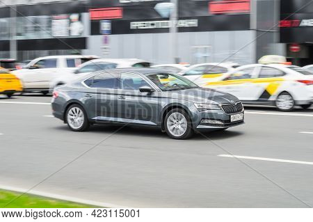Moscow, Russia - June 2021: Gray Skoda Superb B8, Side View. Photography Of A Modern Premium Sedan D