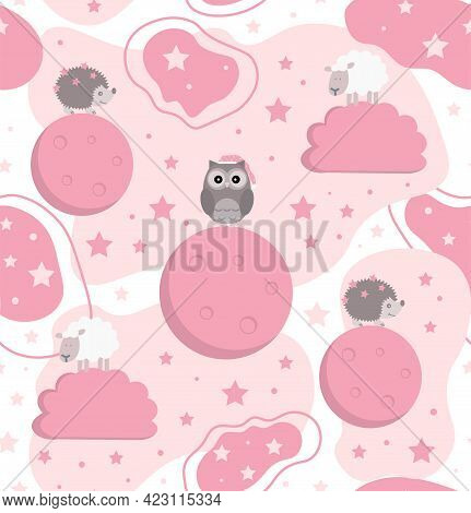 Seamless Sweet Dreams Animal Pattern With Owl, Hedgehog And Sheep On The Background With Moon, Stars